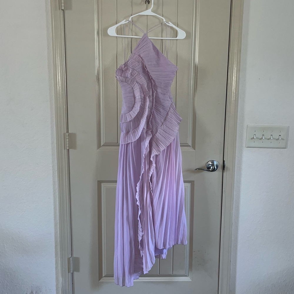 Sierra Darien Pleated Halter Midi Dress with Cascading Ruffle Details - Lavender